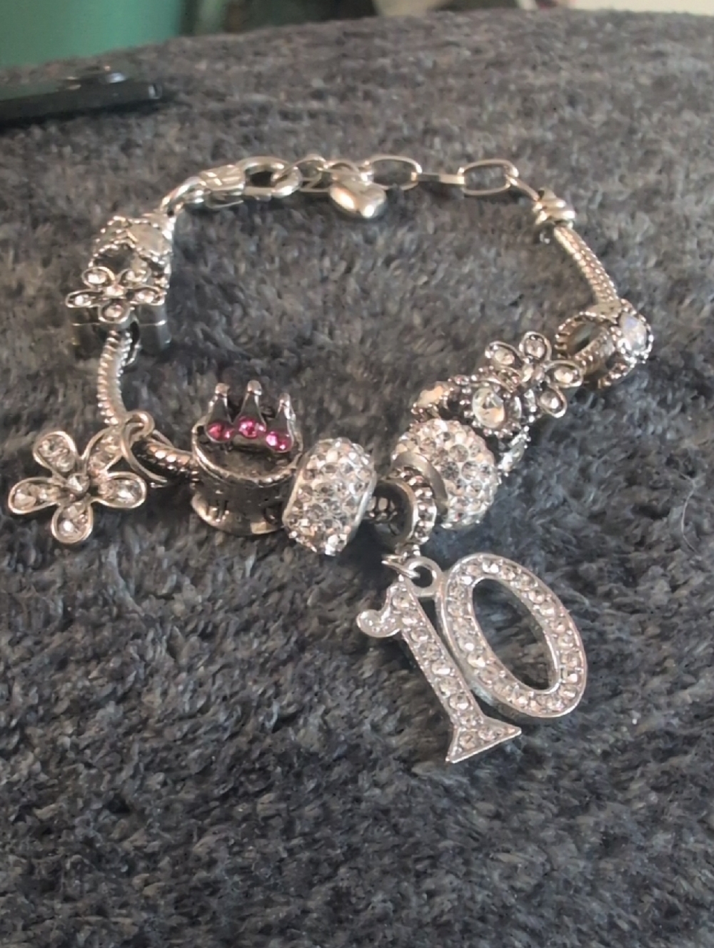 Silver Tone Happy Birthday Charm Bracelet with Number 10 and Rhinestone Accents